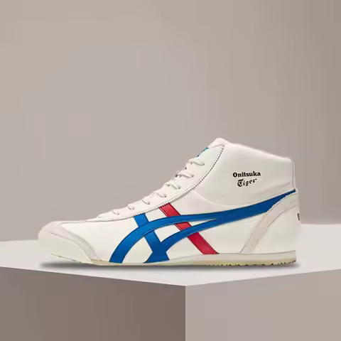 Onitsuka Tiger Mexico Mid Runner White Blue Round-Toe Cushioned Anti-Slip Mid-Top Casual Unisex Shoe
