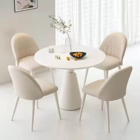 dr-Home Cream Style French Round Dining Table Chair Combination Modern Eco-Friendly Quartz Slab Ligh