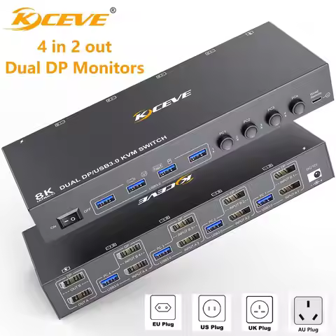 8K DisplayPort KVM Switch 2 Monitor 4 Computer,KCEVE Dual Monitor KVM Switch DP USB3.0,Support 4k@14