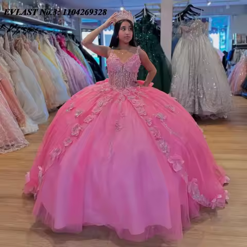 EVLAST Customized Princess Hot Pink Quinceanera Dress Ball Gown Applique Beading Corset Sweet 16 Ves