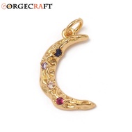 1pc Brass Micro Pave Colorful Cubic Zirconia Textured Pendants with Jump Rings Long-Lasting Moon Gol