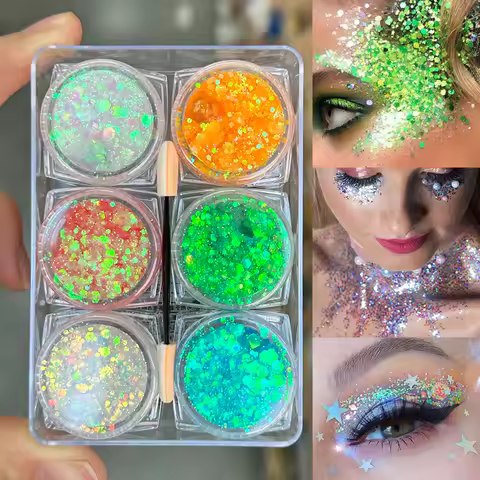 6Jar/set Eyeshadow Glitter Gel Palette Heart Star Moon Chameleon Gel Sequins for Eye Shadow Hair Bod