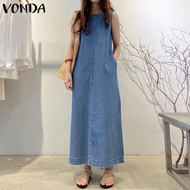 VONDA Women Casual Crew Neck Sleeveless Solid Denim A Swing Long Dress Plus Size (Korean Causal)