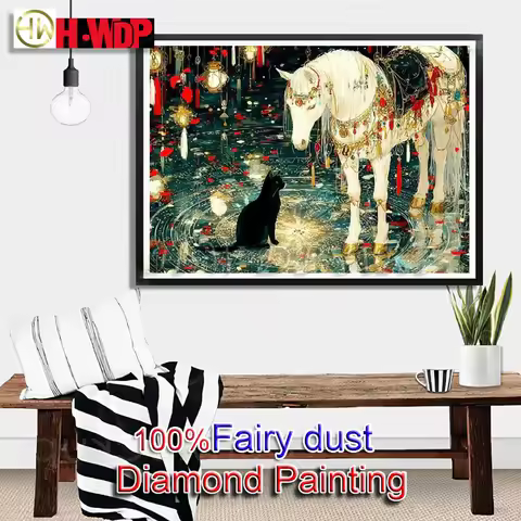 Black Cat 100% Fairy Dust Diamond Painting Horse Square Diamond Embroidery Animal Cross Stitch Diamo