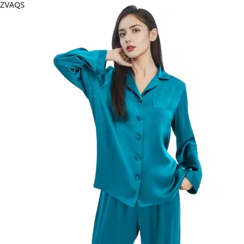 ZVAQS 100% Mulberry Silk Pajamas Sets Woman Comfortable Night Wear Female Blouse Tops and Pants Autu
