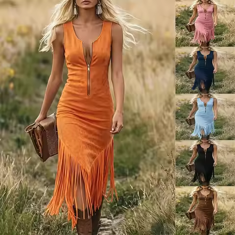 Vintage Western Cowgirl Slim Fit Fringe Hem Sleeveless Dress