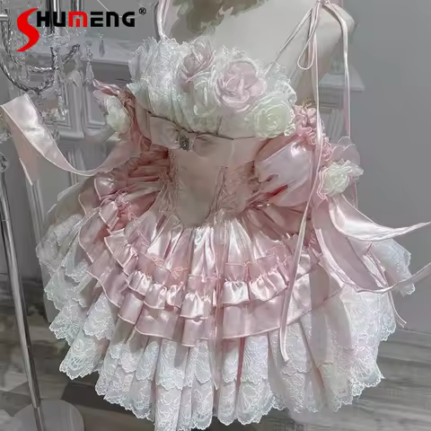 Japanese Pink Lolita Sweet Y2k Party Dresses Spring Summer Flower Lace Off-Shoulder Short Rojita 3D 