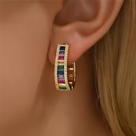 Mystic Rainbow Zircon Stone Geometric Hoop Earrings For Women Fashion Gold Silver Color Wedding Jewe
