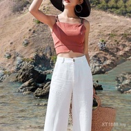 Korean Wide-Leg Pants Casual Pants Loose Straight Linen High Waist Elastic Women Thin Cotton Linen Summer Women's Long Pants
