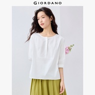 GIORDANO ผู้หญิง เสื้อเชิ้ต 100% Cotton Crewneck Half Placket Sleeve Elbow Length เสื้อเชิ้ตป๊อปลินแ