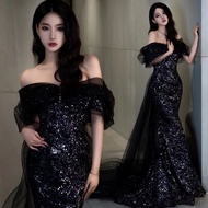 Korean Elegant Black Dress Puff Sleeve Civil Wedding Dinner Prom Cocktail Banquet Fishtail Dresses G