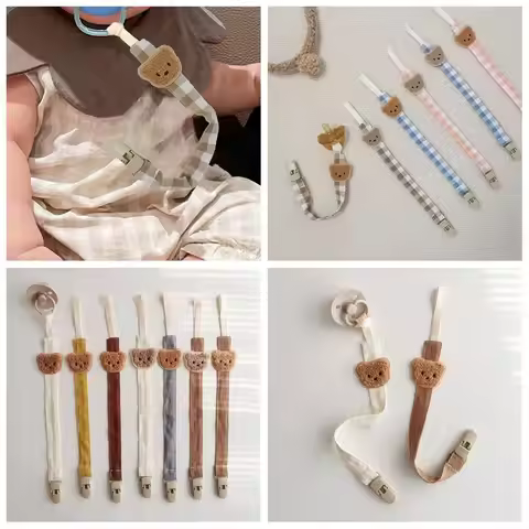 Cute Embroidery Baby Cloth Pacifier Chain Bear Adjustable Soother Holder Lattice Teether Toys Straps