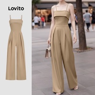 Lovito Casual Jumpsuit Double Layer Spring/summer Khaki Jumpsuit for Women L157ED539