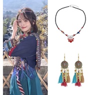 Ethnic Gypsy Headdress Forehead Chain Turquoise Tassel Earrings Hair Accessories Yunnan Travel Wear 