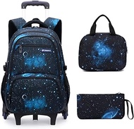 Rolling Backpack for School Boys Girls with Lunch Bag Teens Bookbag with Wheels Kids Trolley Bag Set, Black&amp;blue Starry Sky Set-6 Wheels, 6 Wheels