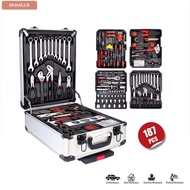 OKHALLO 187Pcs Tools Set, Trolley Box Type Wheeled Trolley Tool Box Set, Portable Socket Wrench Carb