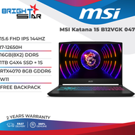 MSI Katana 15 B12VGK 047 (15.6 FHD IPS 144HZ / I7-12650H / 16GB(8X2) DDR5 / 1TB G4X4 SSD + 1S / RTX4070 8GB GDDR6 / W11 / 2YR + 1ST ITW / ESSENTIAL BP / 2.25 KG / BLACK / KATANA /)