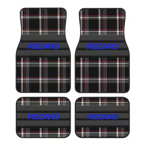 4 Blue RECARO Letter Checkered Print Car Mats - Made Of Durable Polyester Material, Easy To Clean, A
