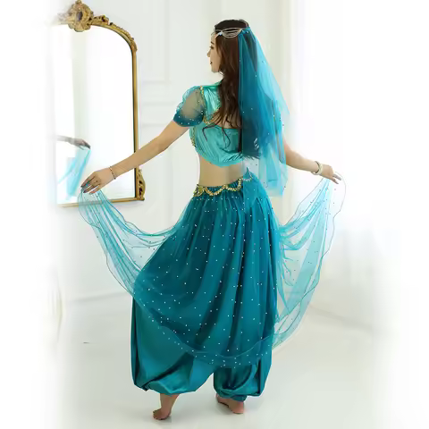 Bollywood Belly Dance Jasmine Costume Aladdin Halloween Outfit Jasmine Princess Costumes Teal For Wo