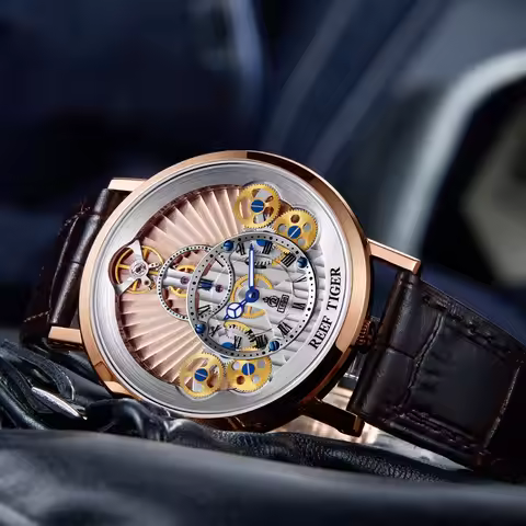 Reef Tiger/RT Men Designer Casual Fashion Quartz Watches Skeleton Sapphire Leather Strap Rose Gold C