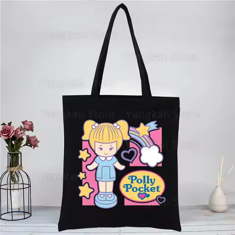 Kawaii Polly Pocket Shopping Bag Women Canvas Tote Bags Printing Eco Bag Cartoon Shopper Shoulder Ba