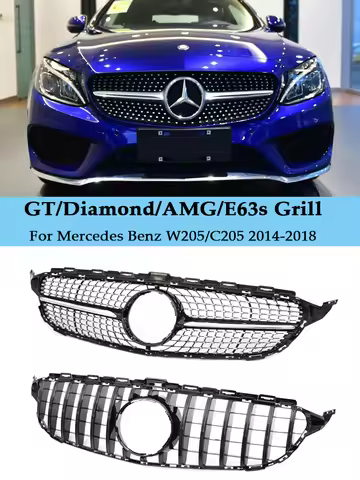 For Mercedes Benz C Class W205 Front Bumper Racing Grill Diamond AMG GT E63S Grille Silver Black 201
