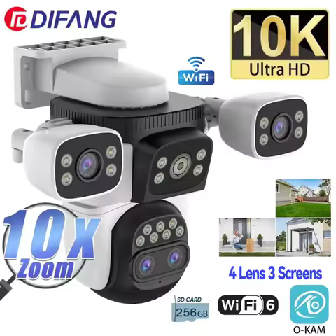 10K WiFi6 Outdoor Camera 20MP 10X Optics Zoom Three　Screen Four Len PTZ Automatic Track 6K Dual Lens