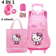 [4pcs/set] Hello Kitty kids child children durable tahan 2 6 wheel rolling primary school bagpacks backpacks bags trolley roda beroda troli beg sekolah rendah kanak kanak wanita perempua princess girl 学生拉杆背包