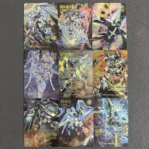 9Pcs/Set Gundam Multi‑Model Mobile Suit Holographic Gold Foil Cards, RX‑93 GNT‑0000 RX‑78GP02A Mecha