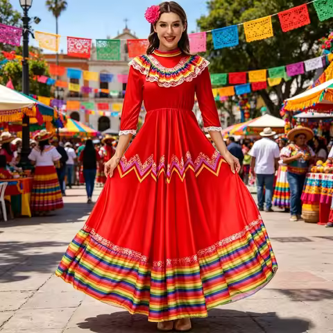 Tradicional Mexican Wide Swing Colorful Striped Maxi Dress Women Carnival Festival Party Dance Costu