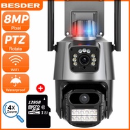 BESDER กล้องวงจรปิด 8MP 4K WiFi กล้อง IP ไร้สาย กันน้ำ PTZ เลนส์คู่หน้าจออัตโนมัติ ติดตามและรักษาความปลอดภัย มีไฟแฟลช เชื่อมต่อผ่าน ICsee APP