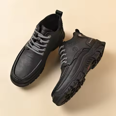 Men's Hiking Boots Thick Rubber Sole Leather Casual Shoes Male Outdoor Walking Shoes Mid‑Top Treking