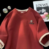 New Men's Heavy Half-Sleeved 23 Summer Street Wear Waffle 2025 Fake Two-Piece t-Shirt Ripped Clothes