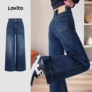 Lovito Casual Jeans Washed Dark Blue Jeans for Women L166AD1050 Lovito Seluar Jeans Kasual Seluar Je