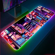 Pixelated Japanese City Gaming Desk Pad, Retrowave Mouse Pad, Japan LED Light Gaming Desk Mat,Gamer Mousepads XXL,Play