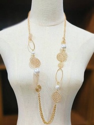 歐美風格復古空心假珍珠球和幾何立體波西米亞風格長項鍊,金/銀色調,情侶毛衣鍊,浪漫玻璃珠和彩色珠鍊