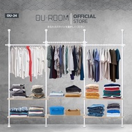 OUROOM  ราวแขวนเสื้อ ราวแขวนผ้า ราวแขวนไม่ต้องเจาะ 4 เสา 3 ราวแขวน 6 ชั้นวางไม้ (OU-24) ใช้แทนตู้เสื