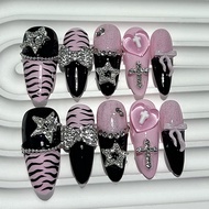 Y2K Baddie Gyaru Black Pink Long Tip French Press On Nails Sweet Cool Dark Jirai Nail Art 3D Bow Sta