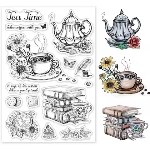 Afternoon Tea and Book Clear Stamp Cafe and Teapot Transparent Silicone Stamp Pocket Watch and Flowe