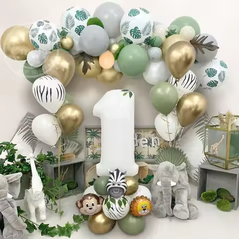 21/52pcs Jungle Animal Number Balloon Set Retro Avocado Green Metallic Gold Latex Balloon 1 Year Old