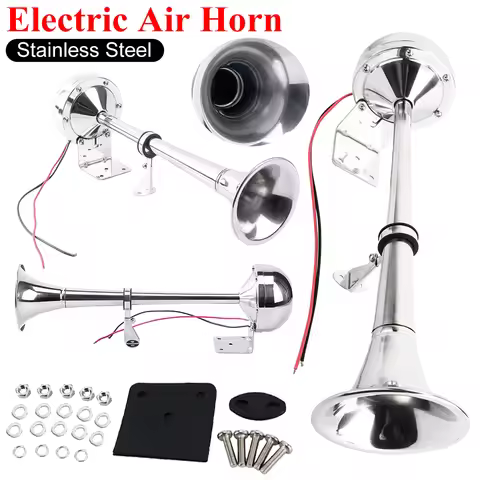 12V Single Trumpet Horn Mounting Kit Polished Stainless Steel Trumpet Horn Low Tone Electric Air Hor