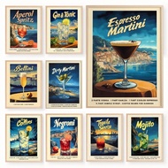 Retro Classic Cocktail Recipe Poster Beachy Alcohol Mojito Tequila Canvas Painting Wall Art Beach Ba