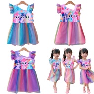 2-8ขวบ เดรสโพนี่ ระบายข้างแต่งผ้ามุ้งสายรุ้ง เดรสเด็กผู้หญิง ชุดเด็กผู้หญิง เสื้อผ้าเด็กผู้หญิง ชุดเ