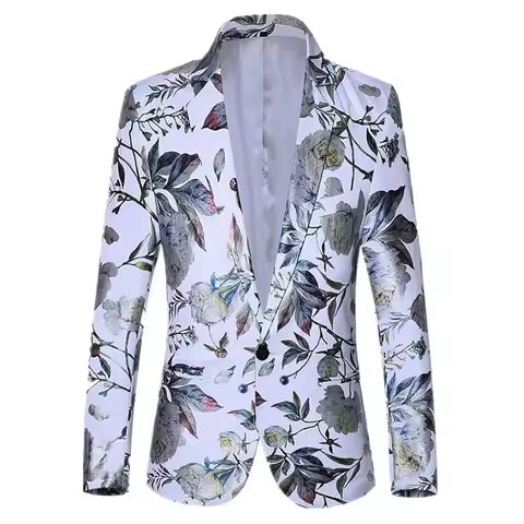 Mens White Long Sleeve Printed Suit Jacket, Black One Button V-Neck Coat, Blue Slim Fit Blazers, Asi