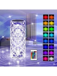 1入組水晶16色變換式桌燈,玫瑰花瓣形氛圍燈,適用於臥室、節日裝飾、婚禮季禮品、夜燈
