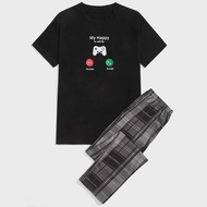 Tay cầm chơi game & Slogan dành cho nam Bộ áo thun & quần kẻ sọc Bộ PJ / Bộ Pajama