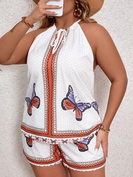 SHEIN VCAY 大碼度假款夏季白色蝴蝶印花露背綁帶上衣和短褲女士海灘套裝