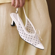 Nakedsol Adele Mules 5cm (Oat, White, Black) High Heels Wanita | Pointed Party Shoes | Polka Dot Rib