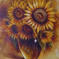 透明花瓶油畫中的金色向日葵