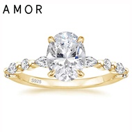 AMOR 925 Sterling Silver Ring Oval Cut Cubic Zirconia Engagement Rings Gold Solitaire Halo Promise R